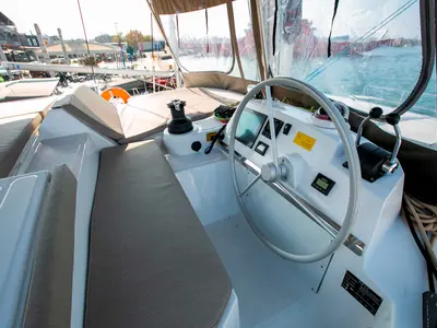 Cockpit of Kos 42.6, a Bali 4.2 catamaran at Preveza, Greece
