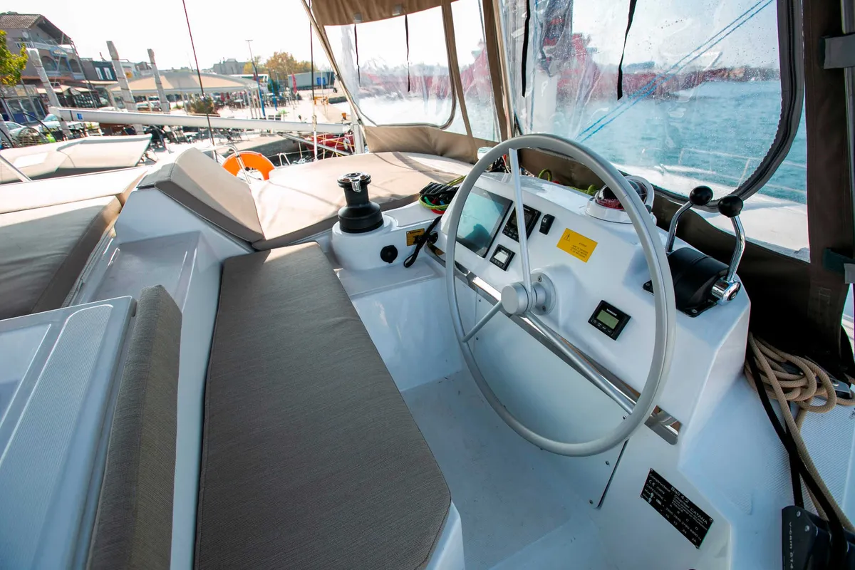 Cockpit of Kos 42.6, a Bali 4.2 catamaran at Preveza, Greece