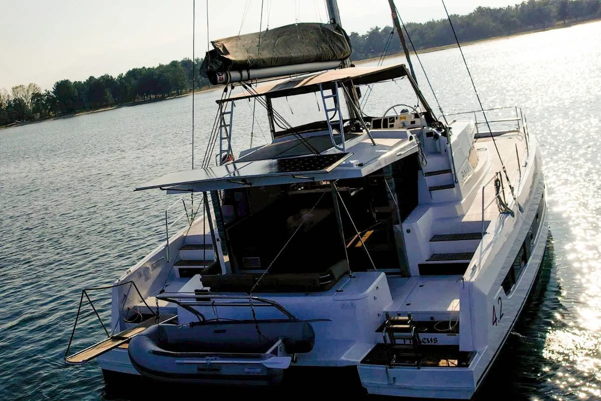 Exterior view of Kos 42.6, a Bali 4.2 catamaran at Preveza, Greece