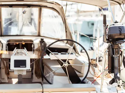 Cockpit of Monia, a Dufour 360 Grand Large sailboat at Olbia, Italy