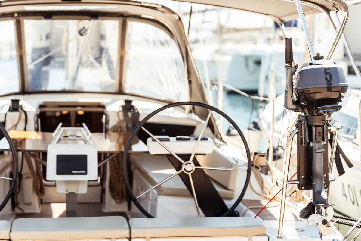 Cockpit of Monia, a Dufour 360 Grand Large sailboat at Olbia, Italy