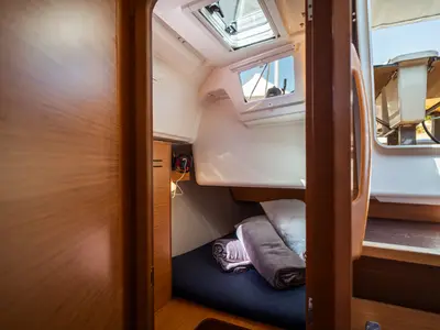Cabin on Monia, a Dufour 360 Grand Large sailboat at Olbia, Italy