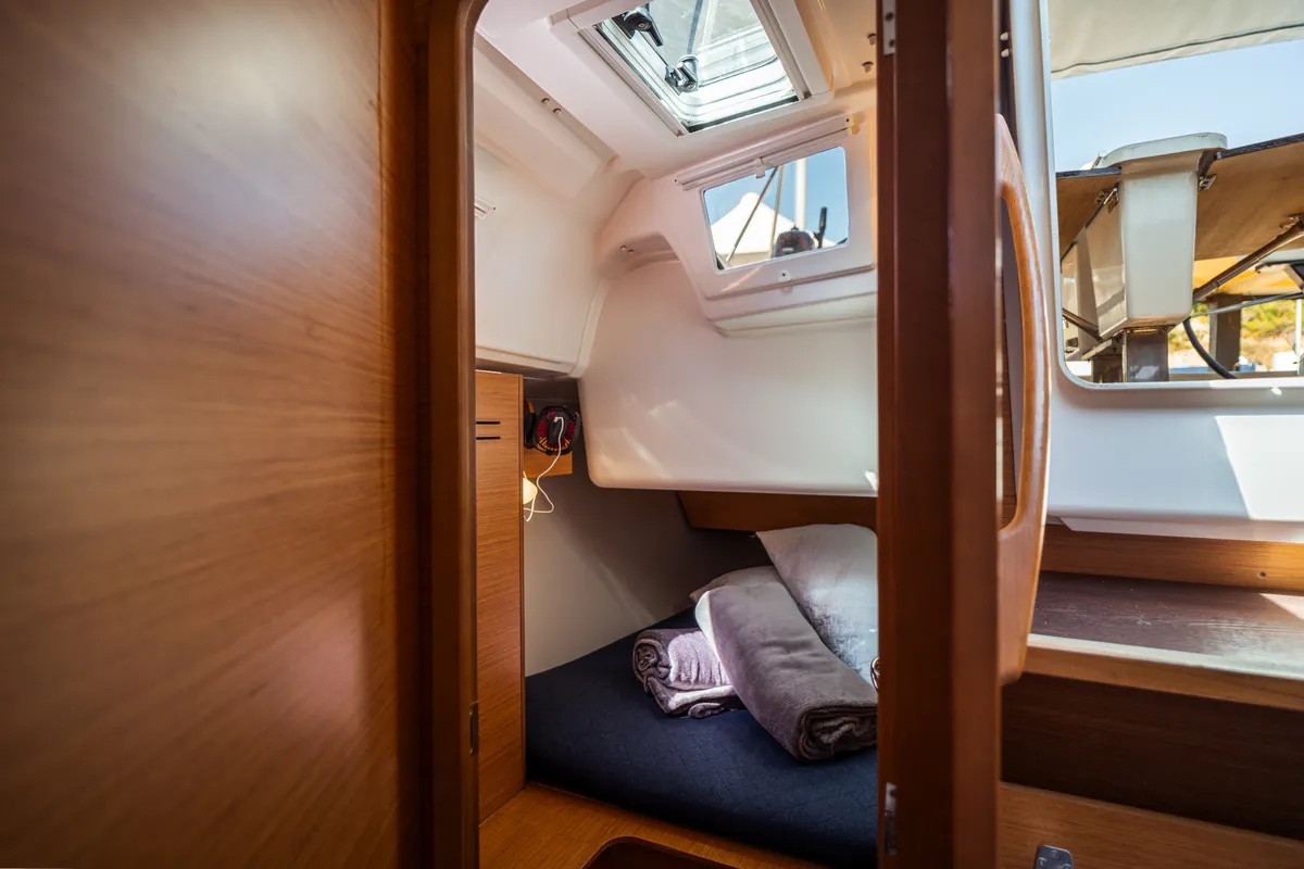 Cabin on Monia, a Dufour 360 Grand Large sailboat at Olbia, Italy