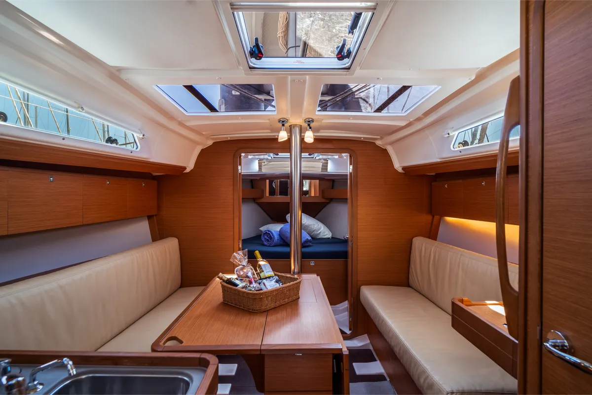 Salon of Monia, a Dufour 360 Grand Large sailboat at Olbia, Italy