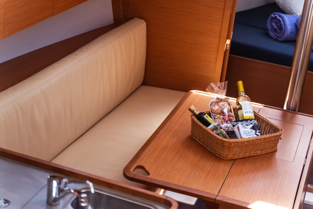 Salon of Monia, a Dufour 360 Grand Large sailboat at Olbia, Italy