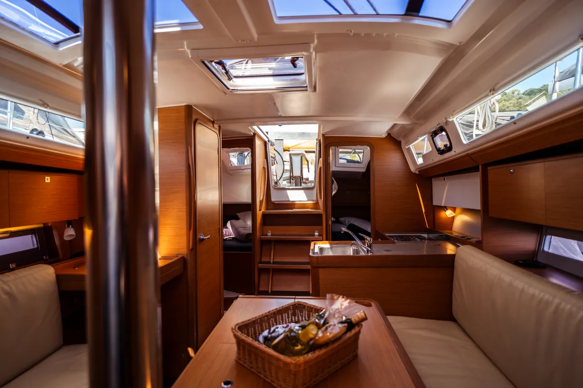 Salon of Monia, a Dufour 360 Grand Large sailboat at Olbia, Italy