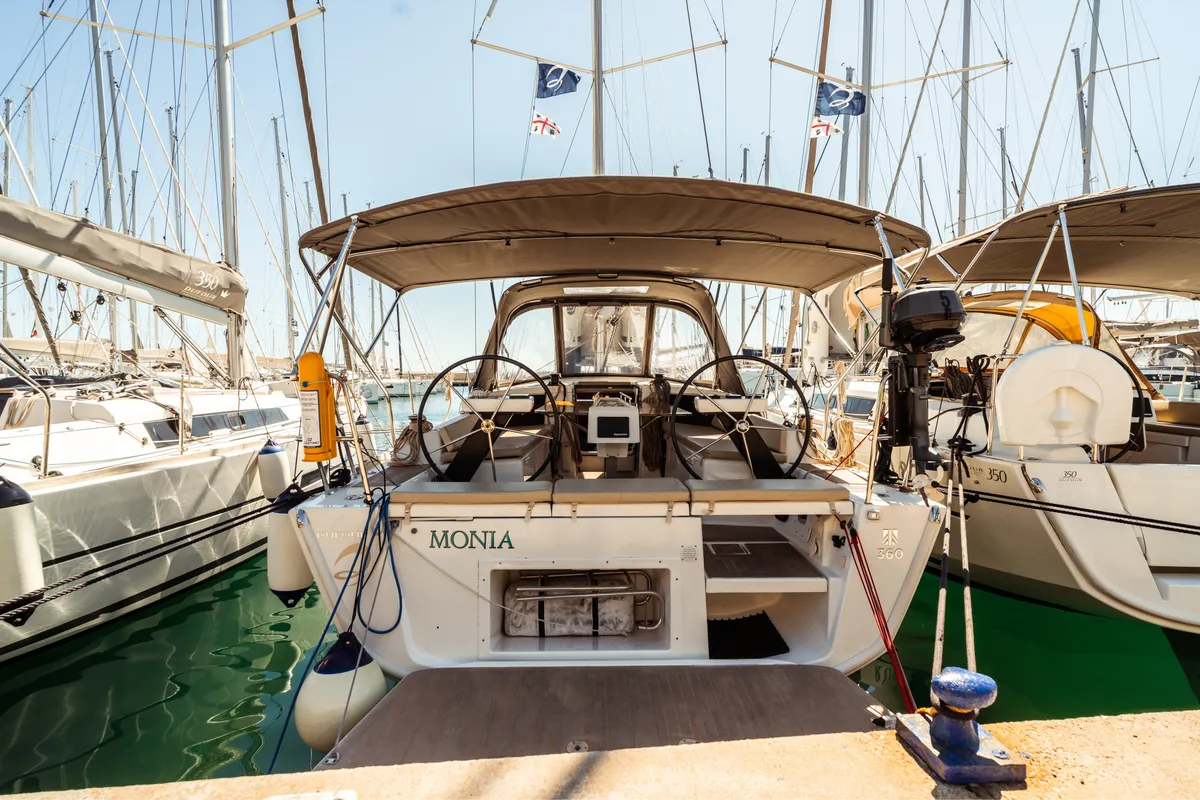 Exterior view of Monia, a Dufour 360 Grand Large sailboat at Olbia, Italy