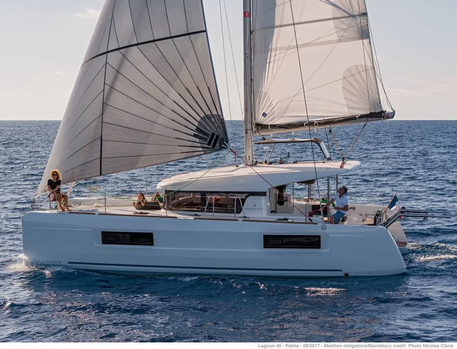 Exterior view of Tartarouga, a Lagoon 40 catamaran at Municipal Unit of Rhodes, Greece