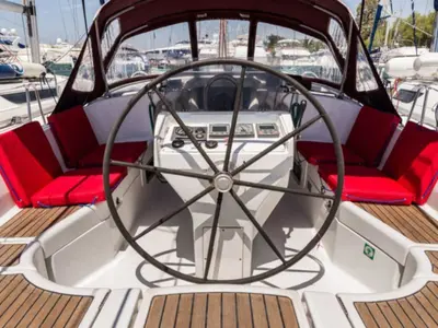 Cockpit of Simonetta, a Beneteau Oceanis 411 sailboat at Nea Peramos, Greece