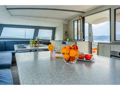 Salon of Turquoise, a Luna 47 Power catamaran at Funchal, Portugal