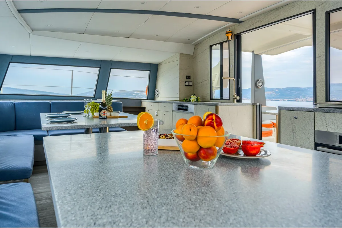 Salon of Turquoise, a Luna 47 Power catamaran at Funchal, Portugal
