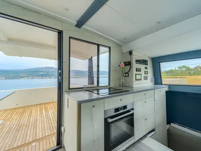 Galley of Turquoise, a Luna 47 Power catamaran at Funchal, Portugal