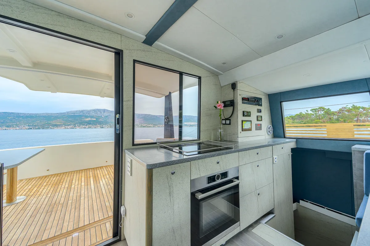 Galley of Turquoise, a Luna 47 Power catamaran at Funchal, Portugal