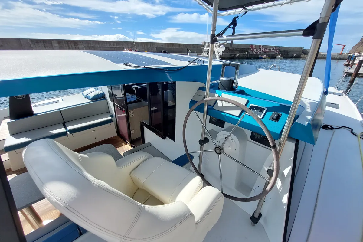 Cockpit of Turquoise, a Luna 47 Power catamaran at Funchal, Portugal