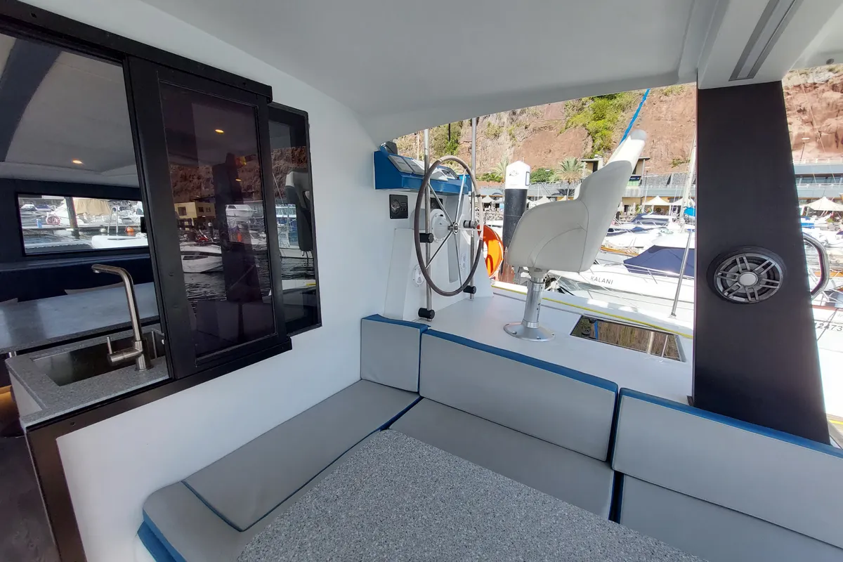 Cockpit of Turquoise, a Luna 47 Power catamaran at Funchal, Portugal