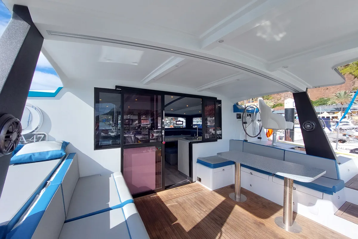 Deck of Turquoise, a Luna 47 Power catamaran at Funchal, Portugal