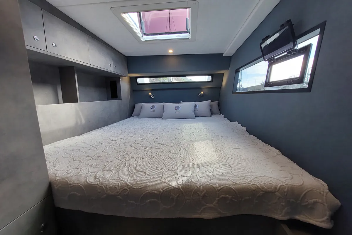 Cabin on Turquoise, a Luna 47 Power catamaran at Funchal, Portugal