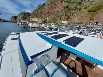 Deck of Turquoise, a Luna 47 Power catamaran at Funchal, Portugal
