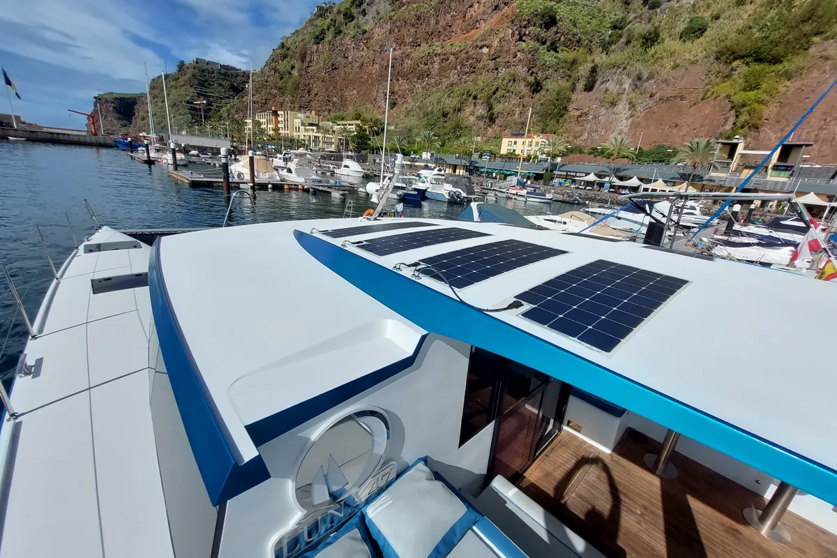 Deck of Turquoise, a Luna 47 Power catamaran at Funchal, Portugal