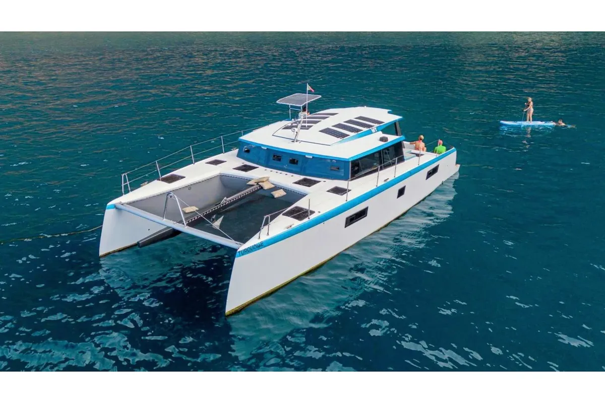 Exterior view of Turquoise, a Luna 47 Power catamaran at Funchal, Portugal