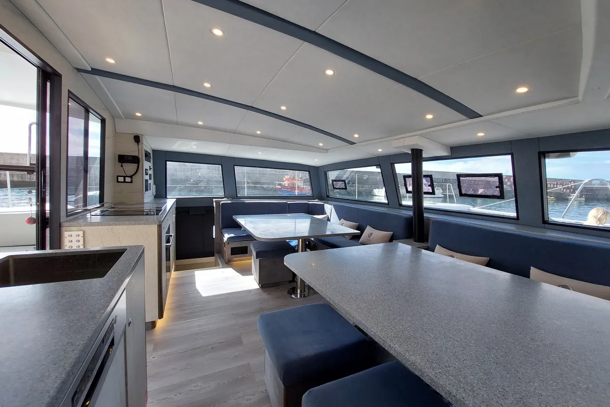 Salon of Turquoise, a Luna 47 Power catamaran at Funchal, Portugal
