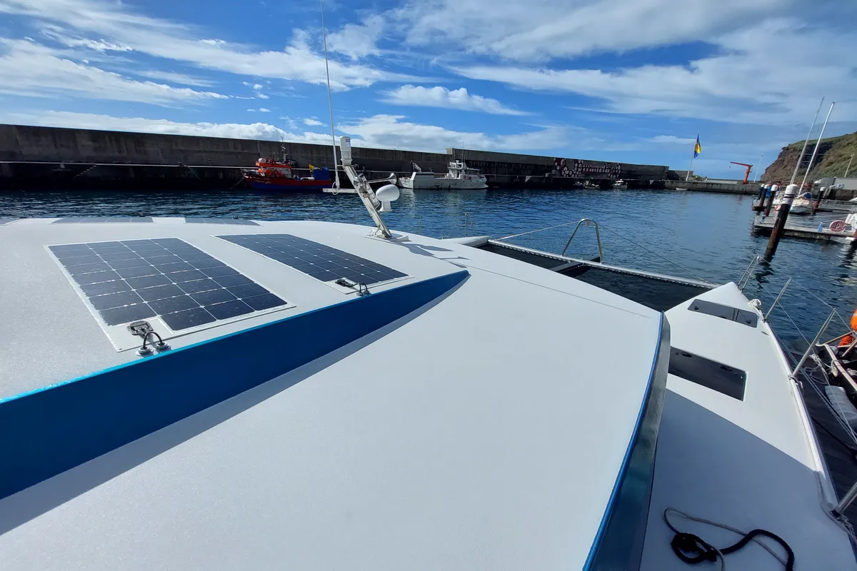 Deck of Turquoise, a Luna 47 Power catamaran at Funchal, Portugal