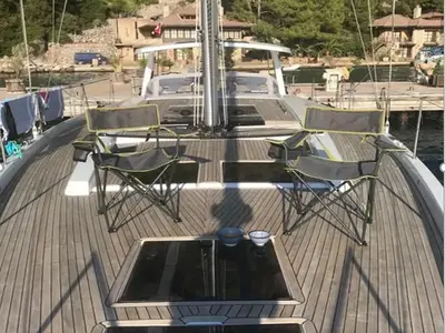 Deck of Ananija II, a Hanse 588 sailboat at Marmaris, Turkey