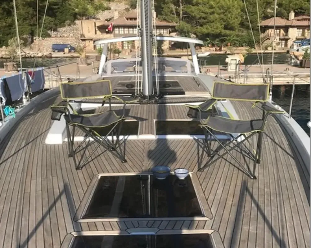 Deck of Ananija II, a Hanse 588 sailboat at Marmaris, Turkey