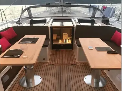 Deck of Ananija II, a Hanse 588 sailboat at Marmaris, Turkey
