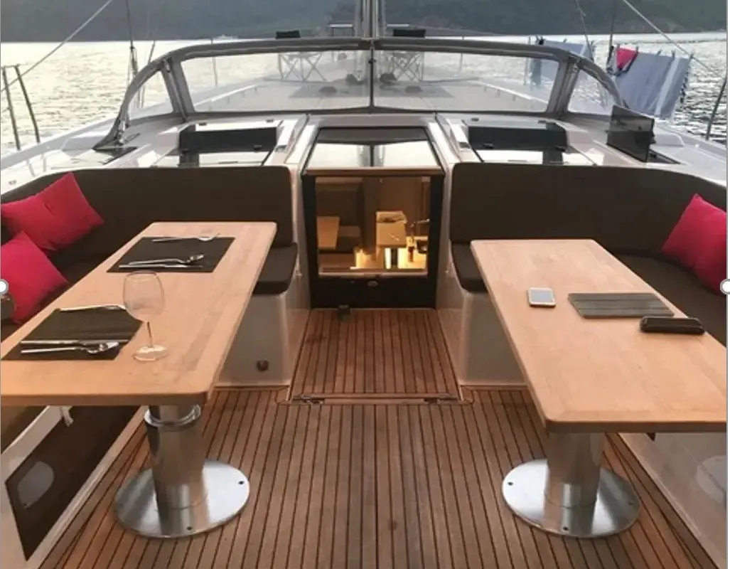 Deck of Ananija II, a Hanse 588 sailboat at Marmaris, Turkey