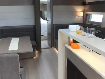 Salon of Ananija II, a Hanse 588 sailboat at Marmaris, Turkey