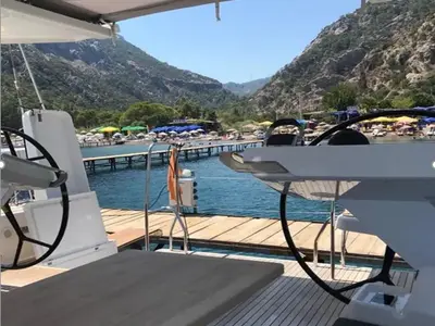 Cockpit of Ananija II, a Hanse 588 sailboat at Marmaris, Turkey