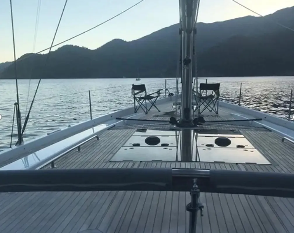 Deck of Ananija II, a Hanse 588 sailboat at Marmaris, Turkey