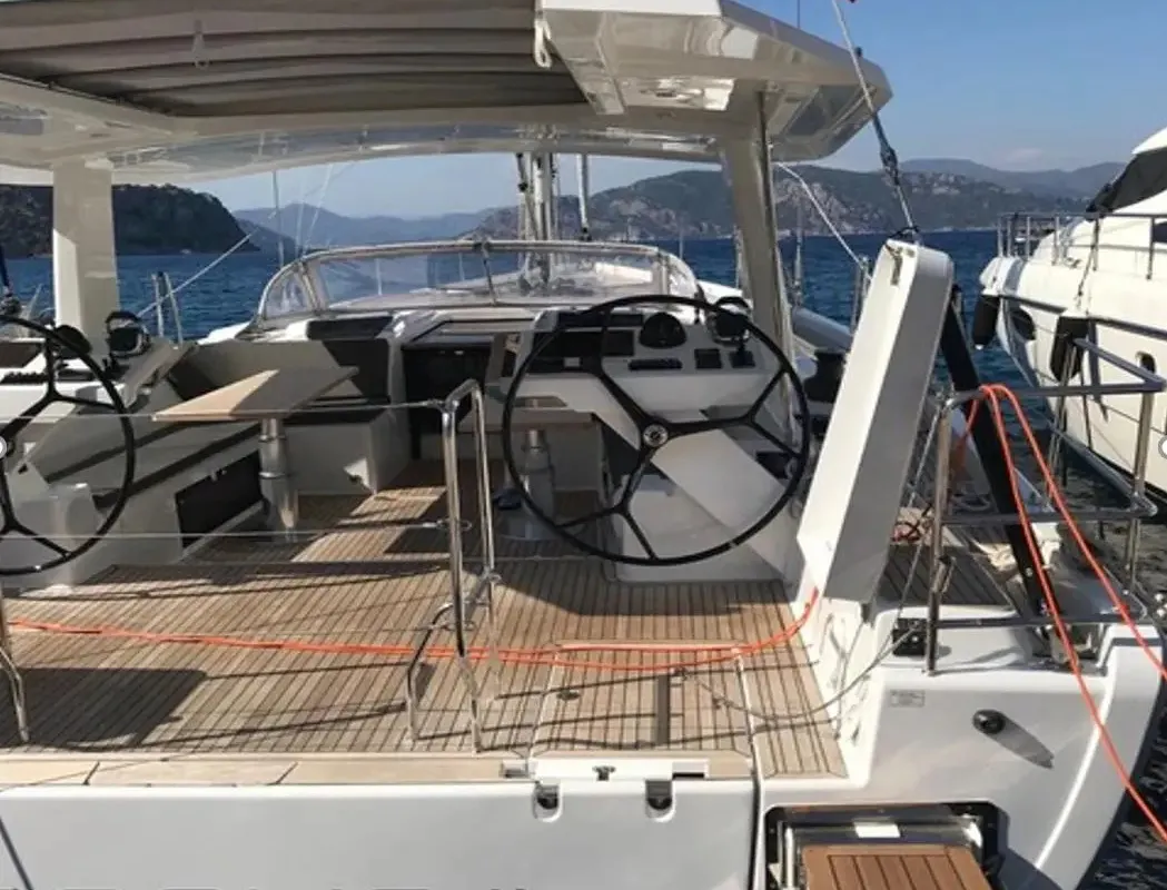Cockpit of Ananija II, a Hanse 588 sailboat at Marmaris, Turkey