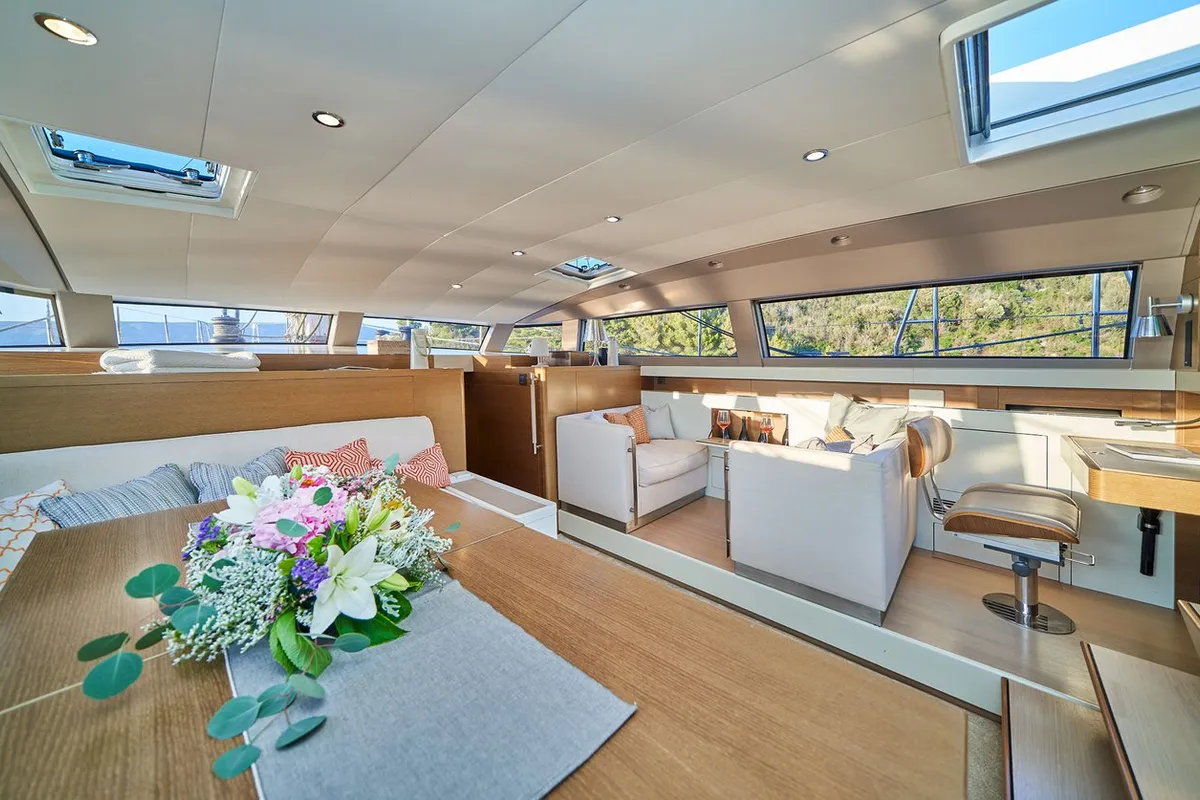 Salon of Aenea, a CNB 76 sailboat at Grad Kaštela, Croatia