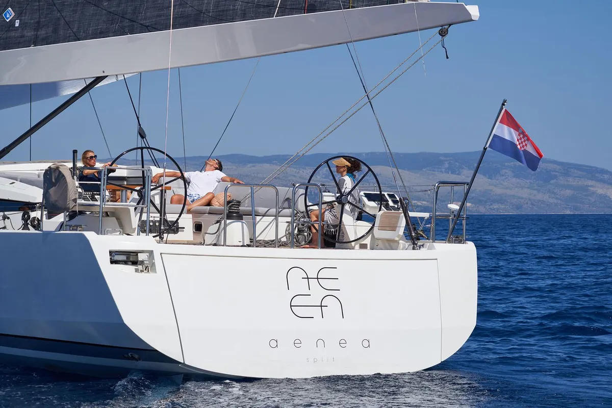 Cockpit of Aenea, a CNB 76 sailboat at Grad Kaštela, Croatia