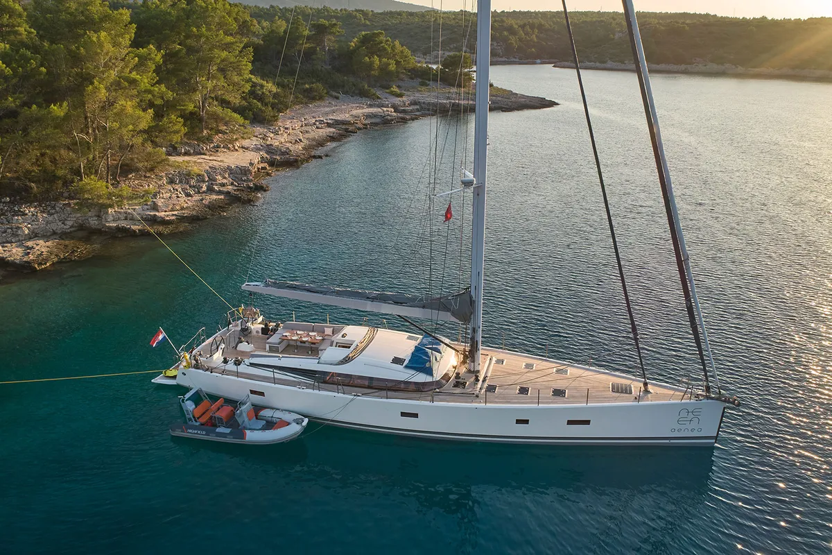 Exterior view of Aenea, a CNB 76 sailboat at Grad Kaštela, Croatia