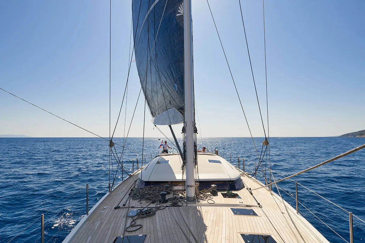 Deck of Aenea, a CNB 76 sailboat at Grad Kaštela, Croatia