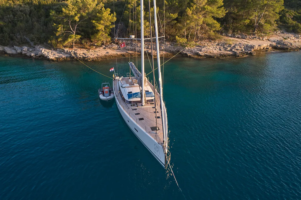 Exterior view of Aenea, a CNB 76 sailboat at Grad Kaštela, Croatia