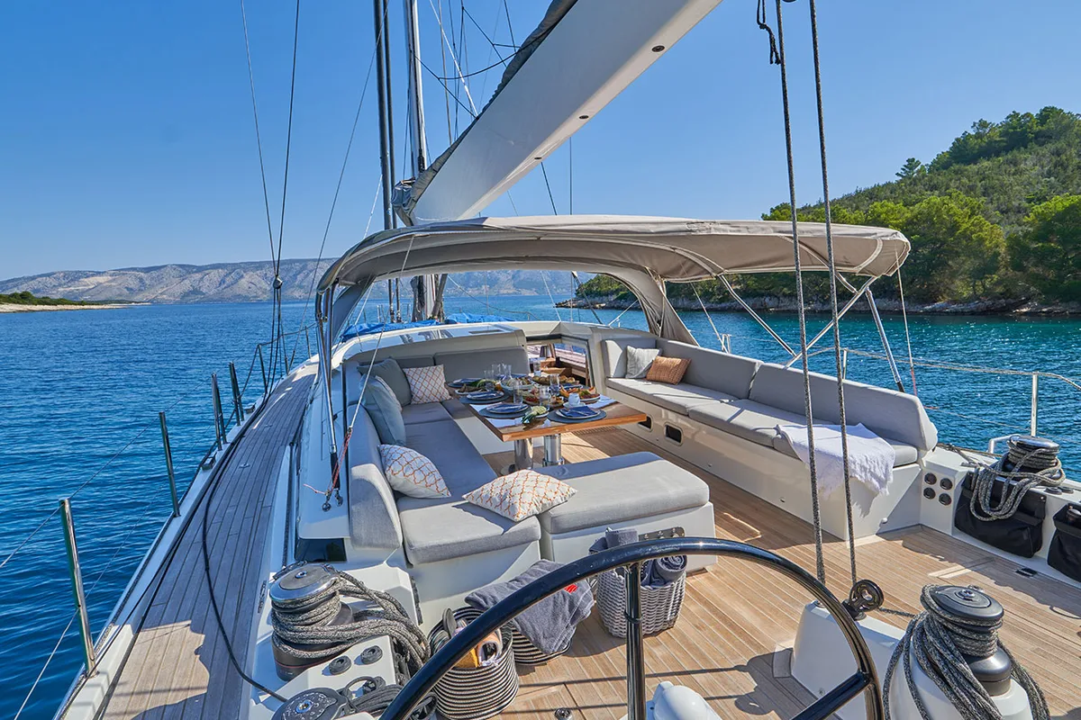 Deck of Aenea, a CNB 76 sailboat at Grad Kaštela, Croatia