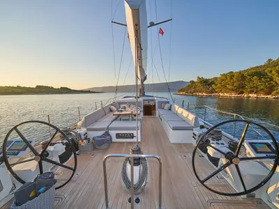 Cockpit of Aenea, a CNB 76 sailboat at Grad Kaštela, Croatia