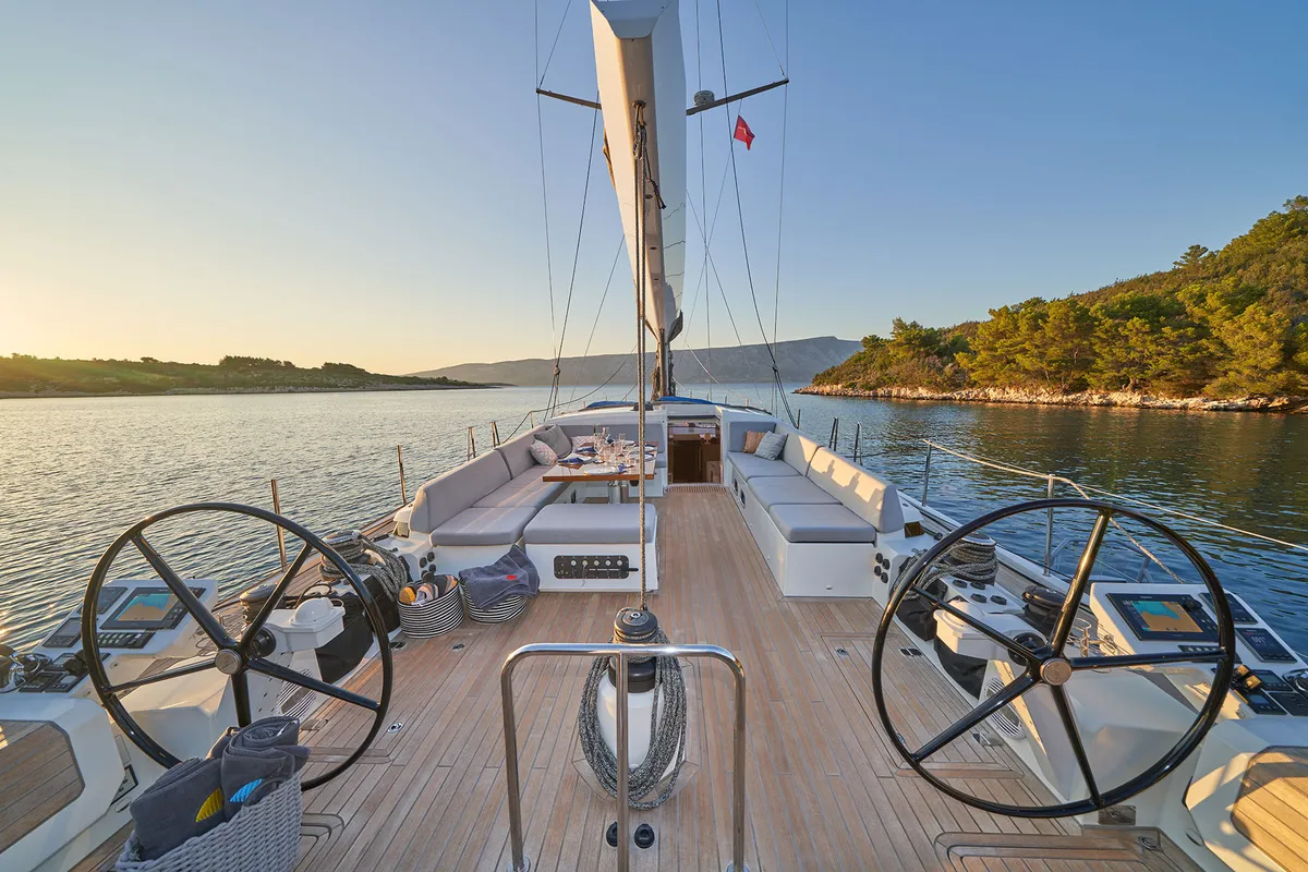 Cockpit of Aenea, a CNB 76 sailboat at Grad Kaštela, Croatia