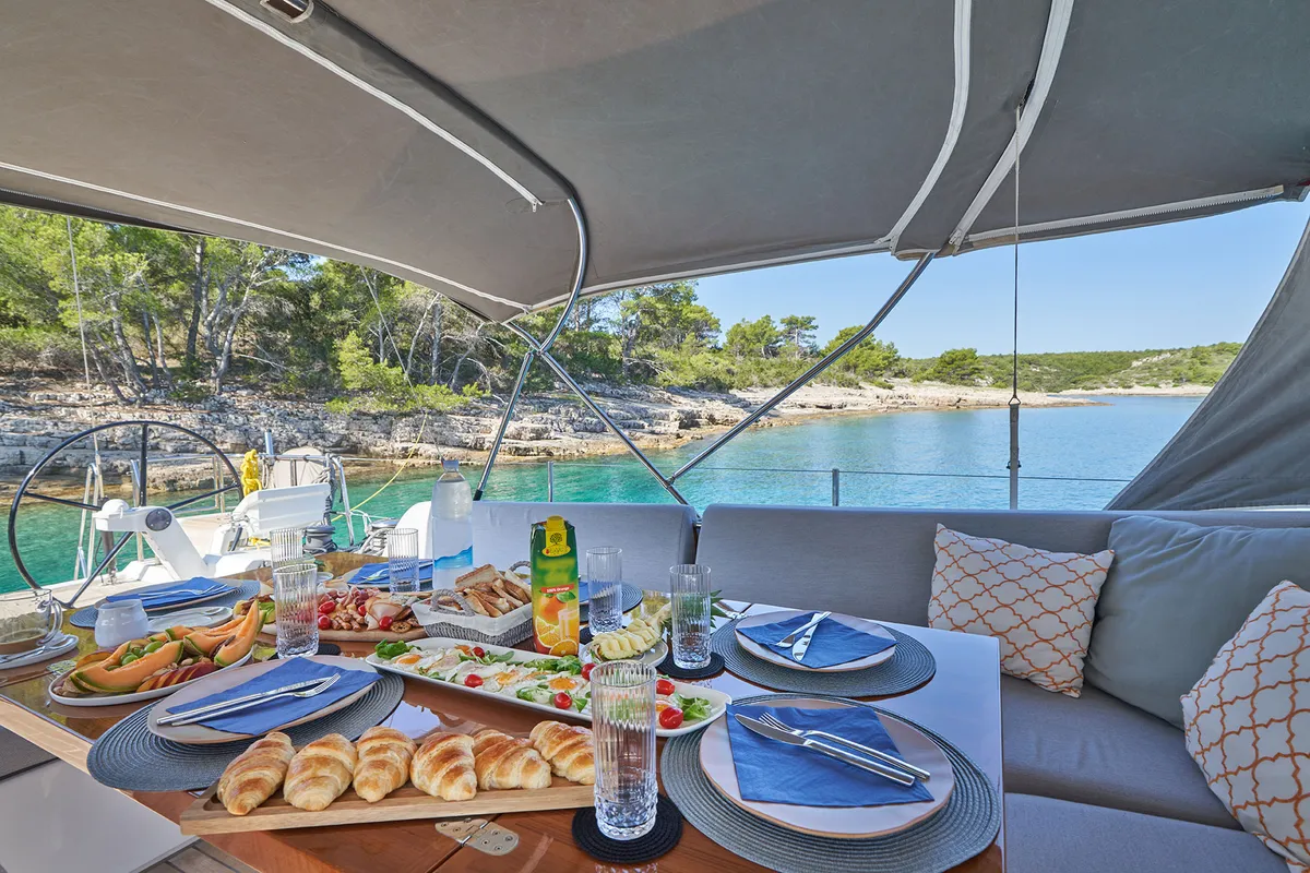Deck of Aenea, a CNB 76 sailboat at Grad Kaštela, Croatia