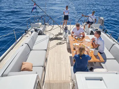 Deck of Aenea, a CNB 76 sailboat at Grad Kaštela, Croatia