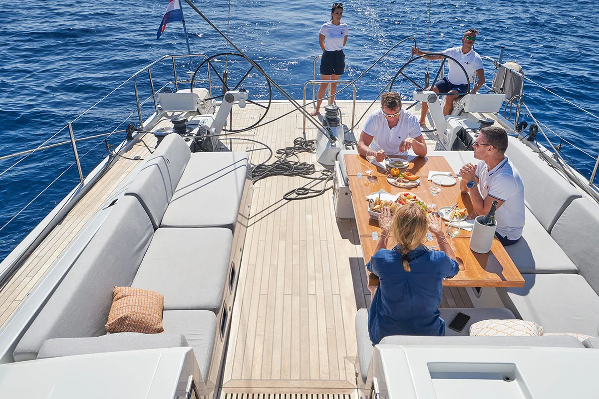 Deck of Aenea, a CNB 76 sailboat at Grad Kaštela, Croatia