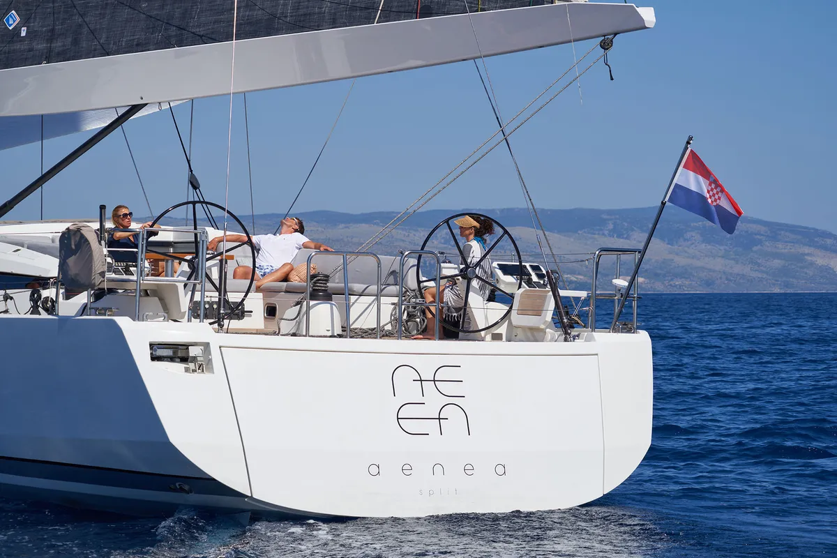 Exterior view of Aenea, a CNB 76 sailboat at Grad Kaštela, Croatia