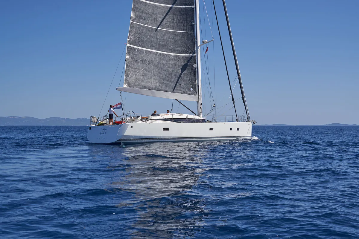 Exterior view of Aenea, a CNB 76 sailboat at Grad Kaštela, Croatia