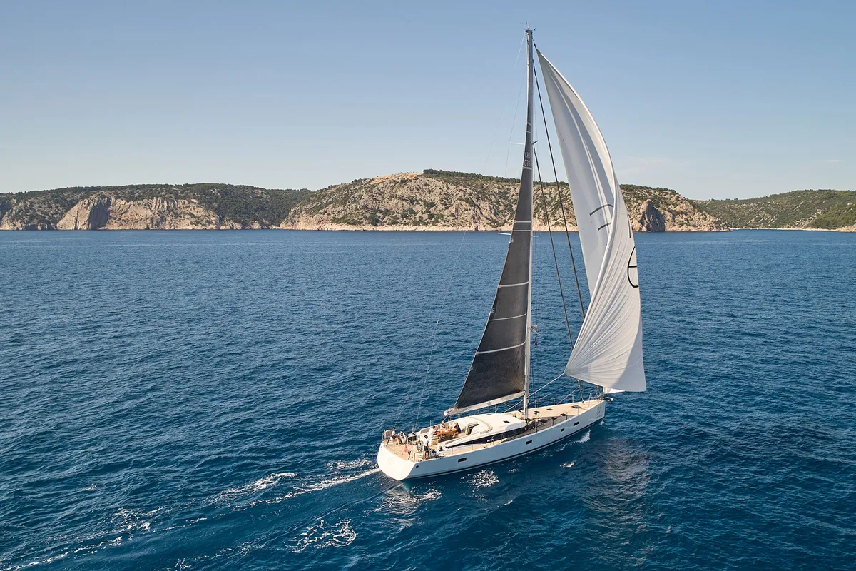 Exterior view of Aenea, a CNB 76 sailboat at Grad Kaštela, Croatia