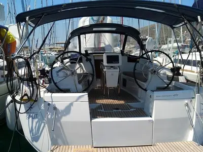 Cockpit of Tumbleweed, a Jeanneau Sun Odyssey 419 sailboat at Kontokali, Greece