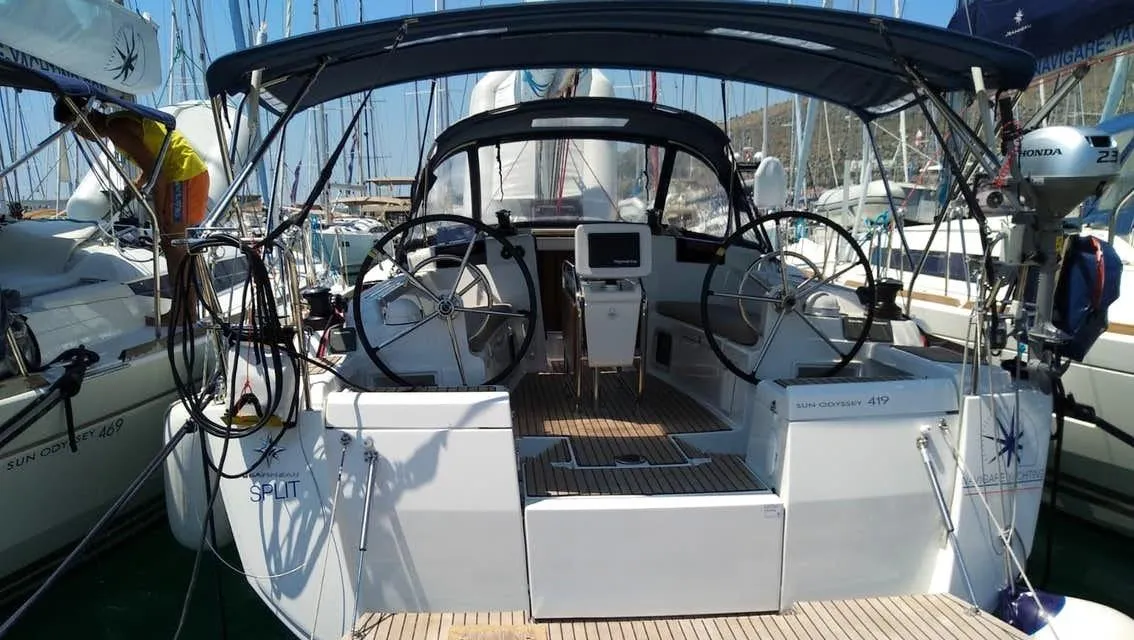 Cockpit of Tumbleweed, a Jeanneau Sun Odyssey 419 sailboat at Kontokali, Greece